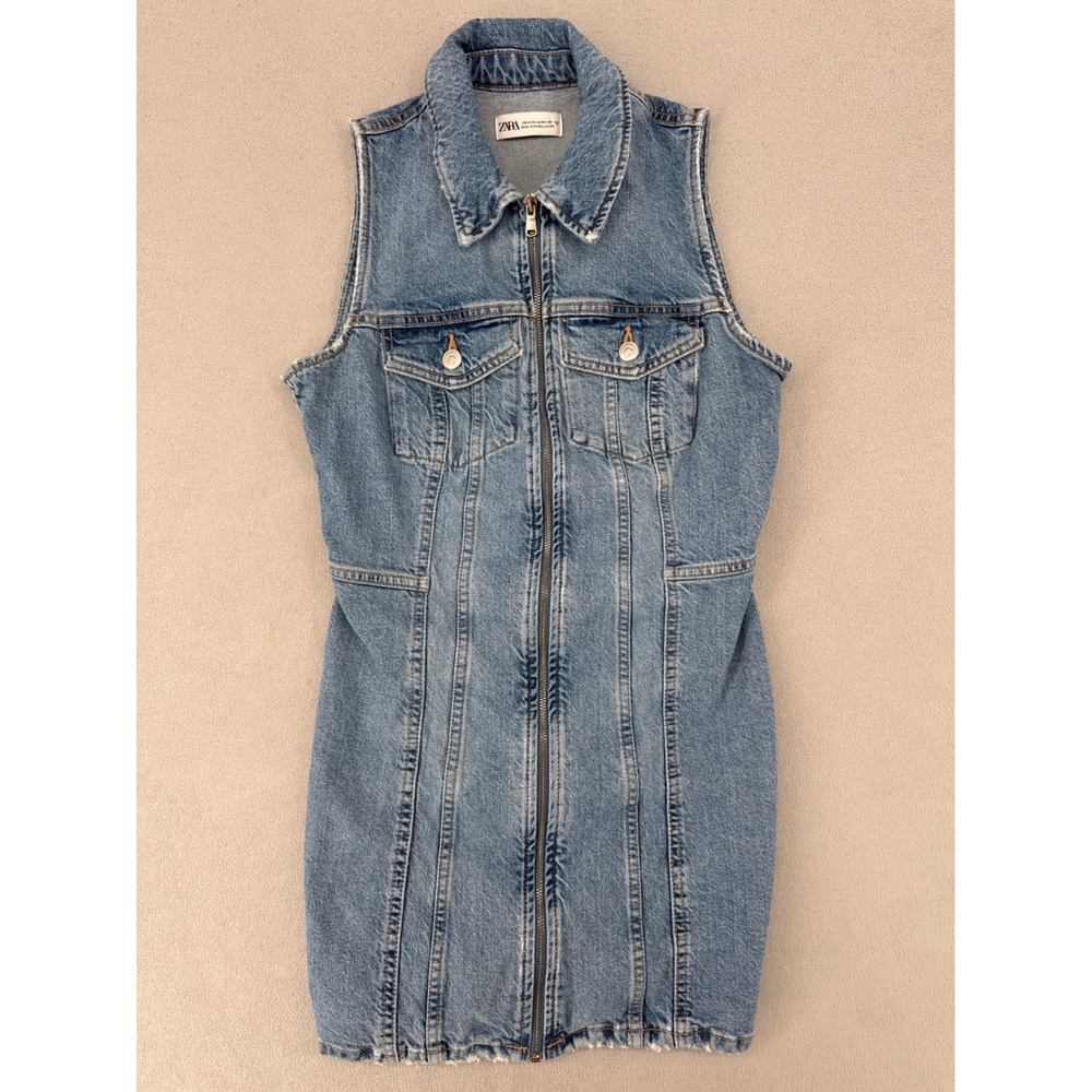 Zara Women Medium Blue Denim Zip Front Sleeveless Mini Dress Y2K Streetwear 4711